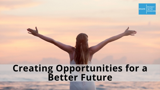 woman by ocean with arms outstretched and text "Creating opportunies for a better future"